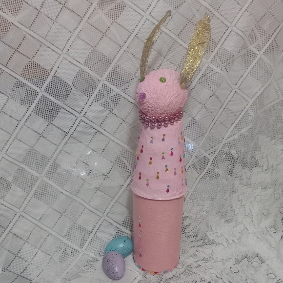 Pastel pink glam easter bunny 17" embellished nesting container OOAK paper mache - Picture 4 of 5